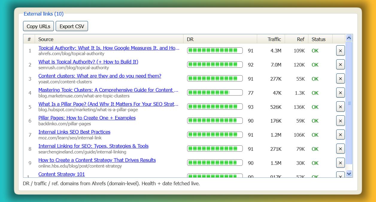 Citation_needed results table: 10 external links, each scored with a Domain Rating meter, organic traffic, referring domains, and an OK health status, with a reject button per row