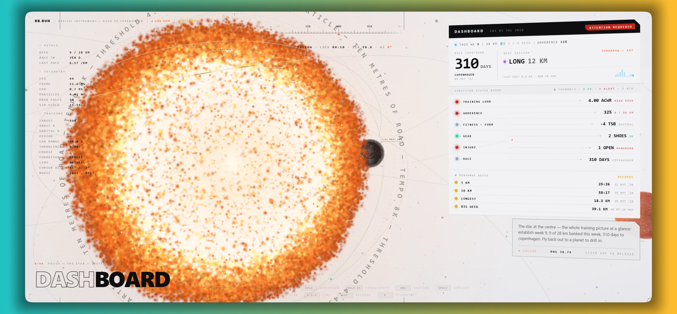 The RB.RUN dashboard: the star at the centre with a full readout of vitals, telemetry, subsystem status, injuries and personal bests, every stat derived from one log of what actually happened.
