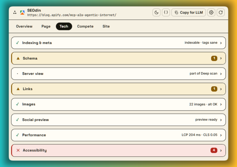 A SEOdin tab with subtabs, each carrying its own yellow and red flags for the issues it found.