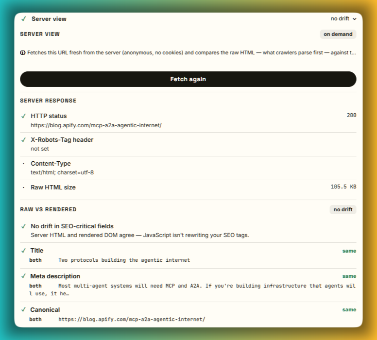 SEOdin's Server view: a fresh server fetch shown as a raw vs rendered comparison.